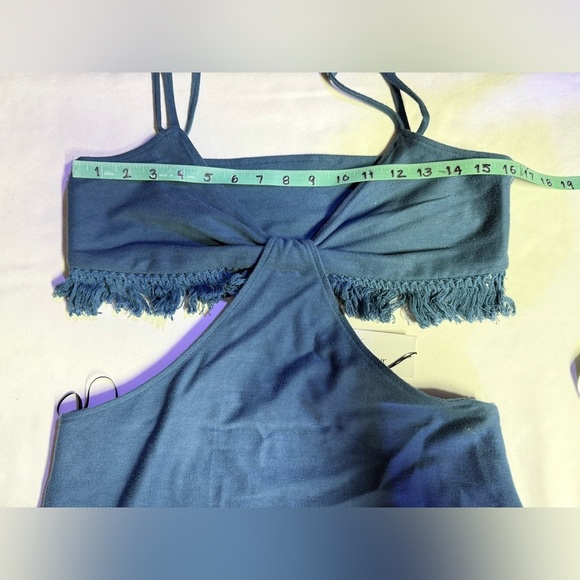 BONHEUR  D'AMOUR Blue spaghetti strap fringe open waist midi dress size L - Picture 11 of 14